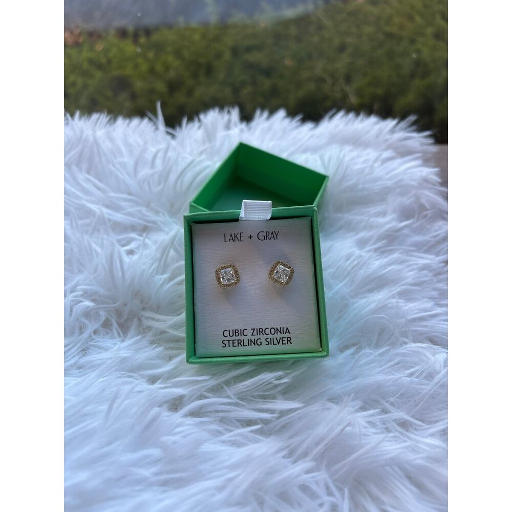 Lake + Gray Cubic Zirconia Sterling Silver Stud Earrings In Original Green Gift
